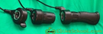 Three different electric bicycle throttles half twist full twist and thumb throttle